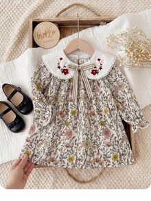 SHEIN Babygirl Cute Floral Pattern Peter Pan Collar Preppy Style Doll Dress - Multicolor - View 1