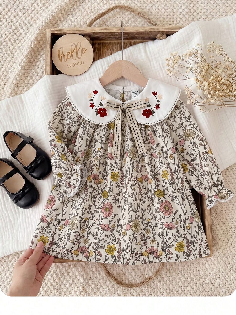 SHEIN Babygirl Cute Floral Pattern Peter Pan Collar Preppy Style Doll Dress - Multicolor - View 1