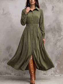 SHEIN Holidaya Women's Button-Up Ruched Waist Pleated Vacation Dress, Autumn/Winter - Army Green - View 5
