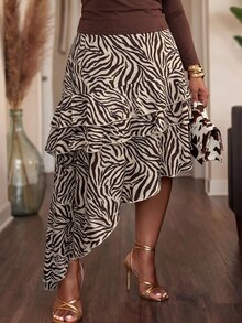 Slaydiva Sexy Elegant Date Zebra Print Multi-Layer Ruffle Asymmetrical Skirt Plus Size - Brown - View 2