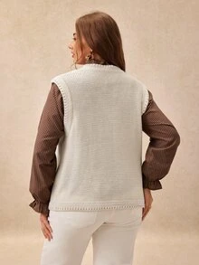 Écloséra Curve Plus Size Women's Elegant Versatile Twisted Rope Cable Knit Button V-Neck Sleeveless Vest Cardigan, Suitable For Outings, Dates, Daily Wear - Apricot - View 2