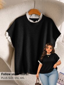 CosyJoli 大尺碼女款優雅法式傳統休閒對比蕾絲針織背心毛衣上衣，適合秋季、俱樂部、畢業季、度假、晚宴、正式場合與辦公室，黑色 - 黑色 - 查看 4