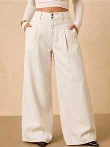 SHEIN Tall CURVE 大尺碼女款高腰口袋寬腿寬鬆休閒牛仔褲 - 卡其色 - 查看 5
