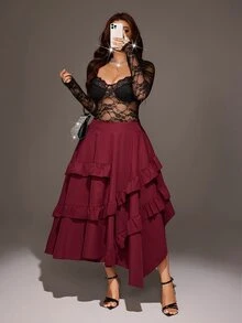 Viva Relle Rok Wanita Ukuran Besar Warna Burgundy Berlapis-lapis dengan Rumbai dan Desain Asimetris Gaya Vintage, Cocok untuk Perjalanan Sehari-hari, Belanja Akhir Pekan di Musim Gugur - Burgundy - View 3