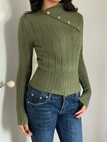 Aloruh Sweater Lengan Panjang Wanita dengan Kerah Asimetris Bergaris dan Kancing - Hijau - View 5