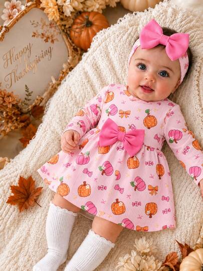 Infant/Toddler (Girl) Long Sleeve Dress, Pink And White Fine Striped Background, Printed With Cute Pumpkin, Candy And Bow Patterns, Round Neckline, Front Decorated With Eye-Catching Large Pink Bow, High Waist Gathered A-Line Skirt, Soft Fabric, Sweet And Adorable