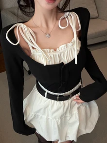 DAZY 黑白對比色肩帶綁帶荷葉邊百褶拼接修身長袖二合一甜美上衣 秋季 - 黑色 - 查看 1