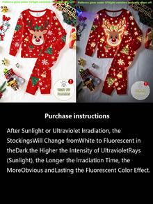 Young Girls Pajamas, New Autumn/Winter Christmas Element Hot-Selling Style, UV Light Glow-In-The-Dark Christmas Deer Head, Snowflake, Christmas Tree, Bell Combination Pattern, Round Neck High Elastic Top And All-Over Print Long Pants 2 Pieces Set, Snug Fit, 1 Set - Multicolor - View 4