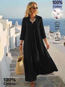 SHEIN LUNE Women's Solid Color Extra Long Casual Modest DressBlack Autumn - Black - View 1