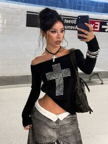 StreetHx Women's Autumn/Winter Fashion Street Sweet Cool Lazy Elegant Party Gathering Rhinestone Asymmetrical Shoulder Sweater - Black - View 6