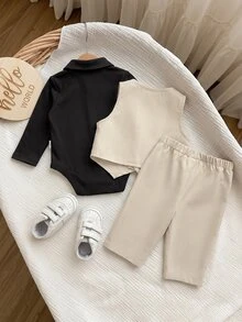 SHEIN 新生兒嬰兒純色單排扣背心長袖上衣連身褲與長褲紳士套裝 - 杏色 - 查看 2
