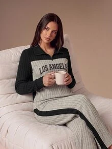Lazeform Women's Casual Letter Print Lapel Half-Zip Contrast Color Long Sleeve Long Pants Pajama Set - Multicolor - View 5