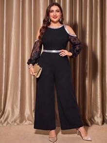 Comfylo Plus Size Elegant Sequin Cold Shoulder Fashion Loose Jumpsuit - Black - View 8