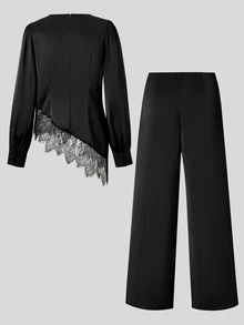 SHEIN PariChic Women's Lace Patchwork Long Sleeve Top And Pants Casual Sexy Daily 2 Pieces Set Going Out Black Fall - Black - View 2