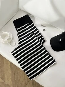 Elamini Women's Sweet Elegant Casual Striped Loose Design Patchwork Long Pants - Black and White - View 1