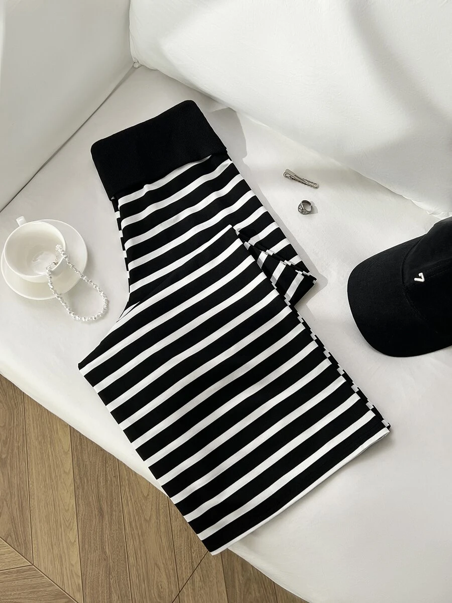 Elamini Women's Sweet Elegant Casual Striped Loose Design Patchwork Long Pants - Black and White - View 1
