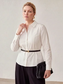 MOTF FASHIONABLE COMMUTER MINIMALIST PREMIUM FEEL CINCHED CINCHED WAIST LONG SLEEVE COLLARED PURE COTTON BELT DECOR WOMEN'S PLUS SIZE SHIRT - White - View 5
