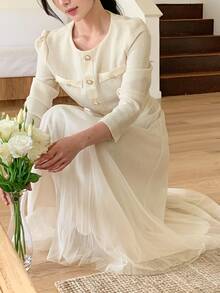 DAZY Patchwork Fitted Long Sleeve Cinched Waist Elegant Formal Korean Style Autumn/Winter Midi Dress For Women Vacation - Apricot - View 3