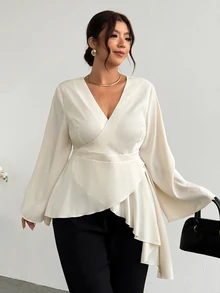Firerie Plus Size Elegant Commuter Solid Color Wrap Asymmetric Hem Blouse - Apricot - View 6