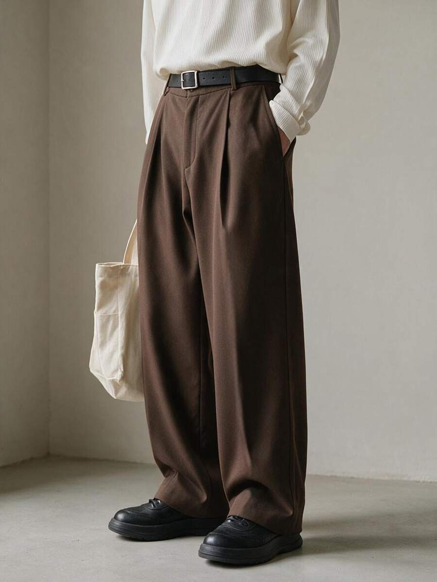 TONEVAULT Men's Fashion Versatile Commuter Solid Color Pants - Coffee Brown - View 1