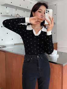 DAZY 女款波點拼接色塊休閒日常長袖針織衫 - 黑與白 - 查看 7