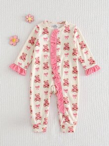 SHEIN Cute Printed Ruffle Loungewear For Baby Girls, Featuring Adorable Patterned Prints And Charming Ruffled Details.Suitable For Autumn And Winter - Multicolor - View 3