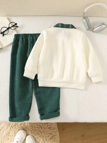 SHEIN 2件組男孩抓絨內裡加厚杏色運動衫與綠色燈芯絨格紋長褲套裝，舒適百搭時尚日常可愛休閒簡約百搭風格 - 彩色 - 查看 2