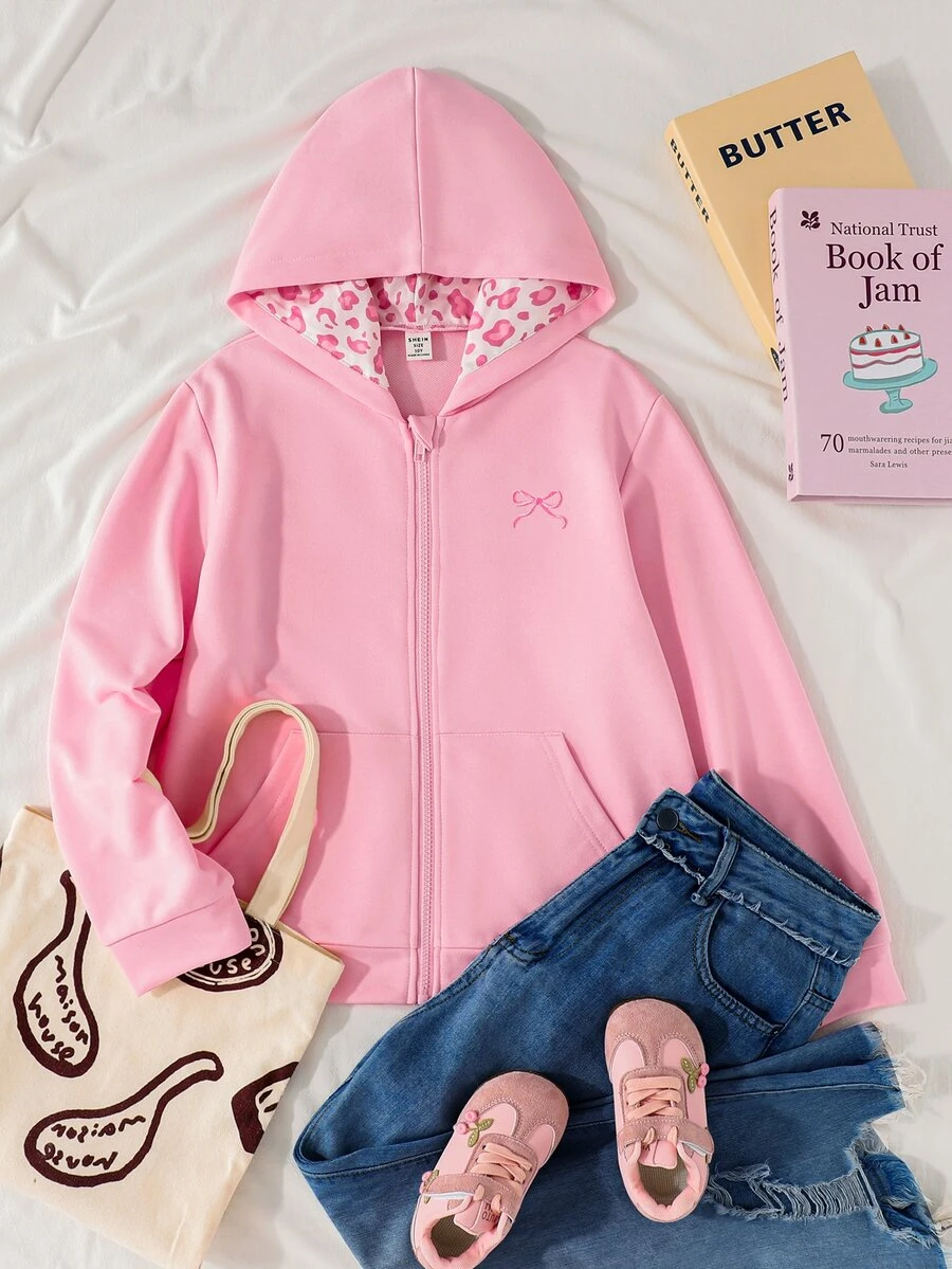 青少年女孩粉色拉鍊連帽衛衣外套,可愛蝴蝶結刺繡,豹紋內裡,休閒風 - 粉色 - 查看 1