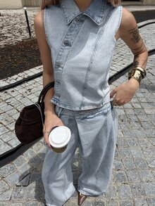 DAZY Light Blue Lapel Sleeveless Single-Breasted Waist-Cinching Denim Vest Paired With Loose Wide-Leg Denim Pants Set - Blue - View 1