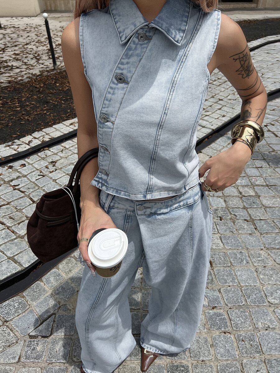 DAZY Light Blue Lapel Sleeveless Single-Breasted Waist-Cinching Denim Vest Paired With Loose Wide-Leg Denim Pants Set - Blue - View 1