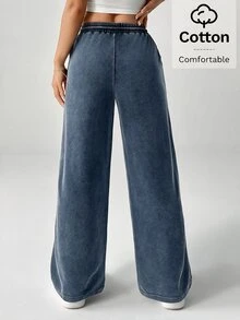 SHEIN PETITE Snow-Washed Women's Drawstring Wide Leg Sweatpants - Blue - View 2
