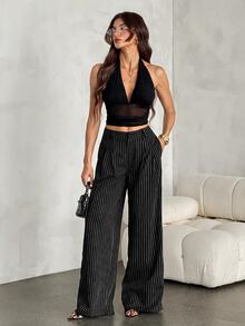SHEIN Tall 女款韓式條紋口袋寬鬆長褲，適合商務辦公 - 黑色 - 查看 3