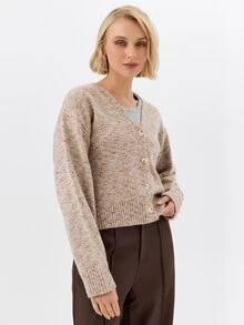 KÆRIA Hus Cropped V Neck Button Cardigan - Nep Heritage Knit - Oatmeal - Elegant, Casual, Luxury, Layering - Khaki - View 4