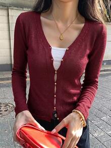 DAZY 女款彩虹條紋修身腰長袖V領休閒度假夏季薄針織開襟衫 Y2K 冬季 - 棕色 - 查看 4