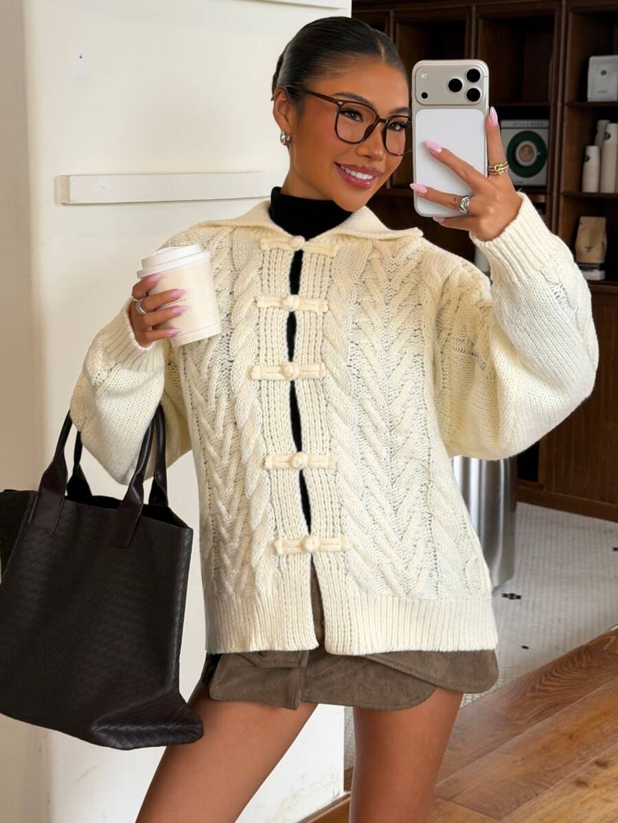 Muchica Women's Autumn New Apricot Cable Knit Frog Button Design Loose Cardigan - Apricot - View 1