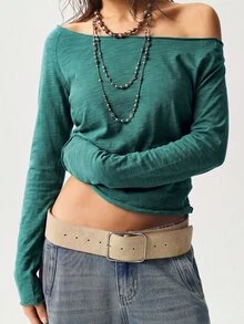 Bohemela 休閒純色針織船領長袖水洗女款T恤 - 綠色 - 查看 4
