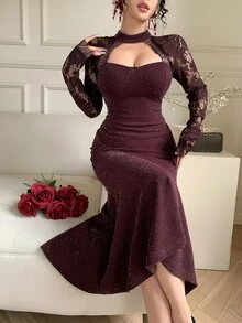 DAZY Women's Elegant Lace Patchwork Sexy Mermaid Dress - Brown - View 9