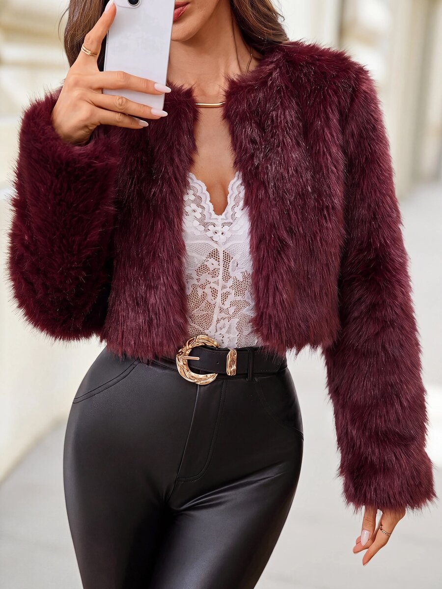 Editum Women's Solid Color Fashion Versatile Winter Faux Fur Coat - Red - View 1