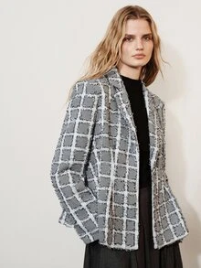 Aveloria Modichic Jaket Blazer Klasik Retro Kasual untuk Perjalanan Sehari-hari, Serbaguna, Motif Kotak-kotak Houndstooth, Rumbai, Warna Kontras, Memperlangsingkan Pinggang, Kancing Tunggal, Kerah, - Hitam dan Putih - View 3