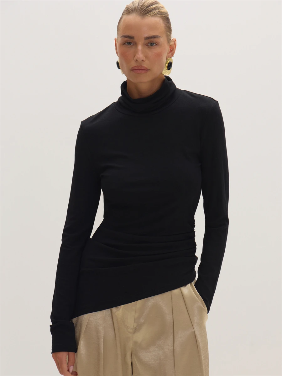 MUSEYN Black Jersey Turtleneck Top Basic Versatile Everyday Casual Fall - Black - View 1
