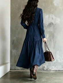 LUMIGAL Gaun Midi A-Line Vintage, Desain Kerah Tegak - Potongan A-Line yang Melangsingkan, Gaun Warna Polos, Cocok untuk Dipakai di Musim Semi dan Gugur, Acara Kasual dan Semi-Formal - Navy Blue - View 2
