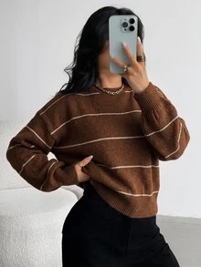 SHEIN 青少年女孩寬鬆休閒極簡舒適條紋套頭毛衣，百搭加厚保暖針織衫，適合秋冬 - 摩卡棕 - 查看 1