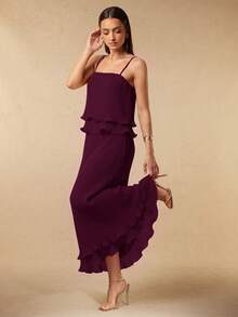 Silquee Women's Pleated Multi-Layer Hem Cami Dress - Maroon - View 1