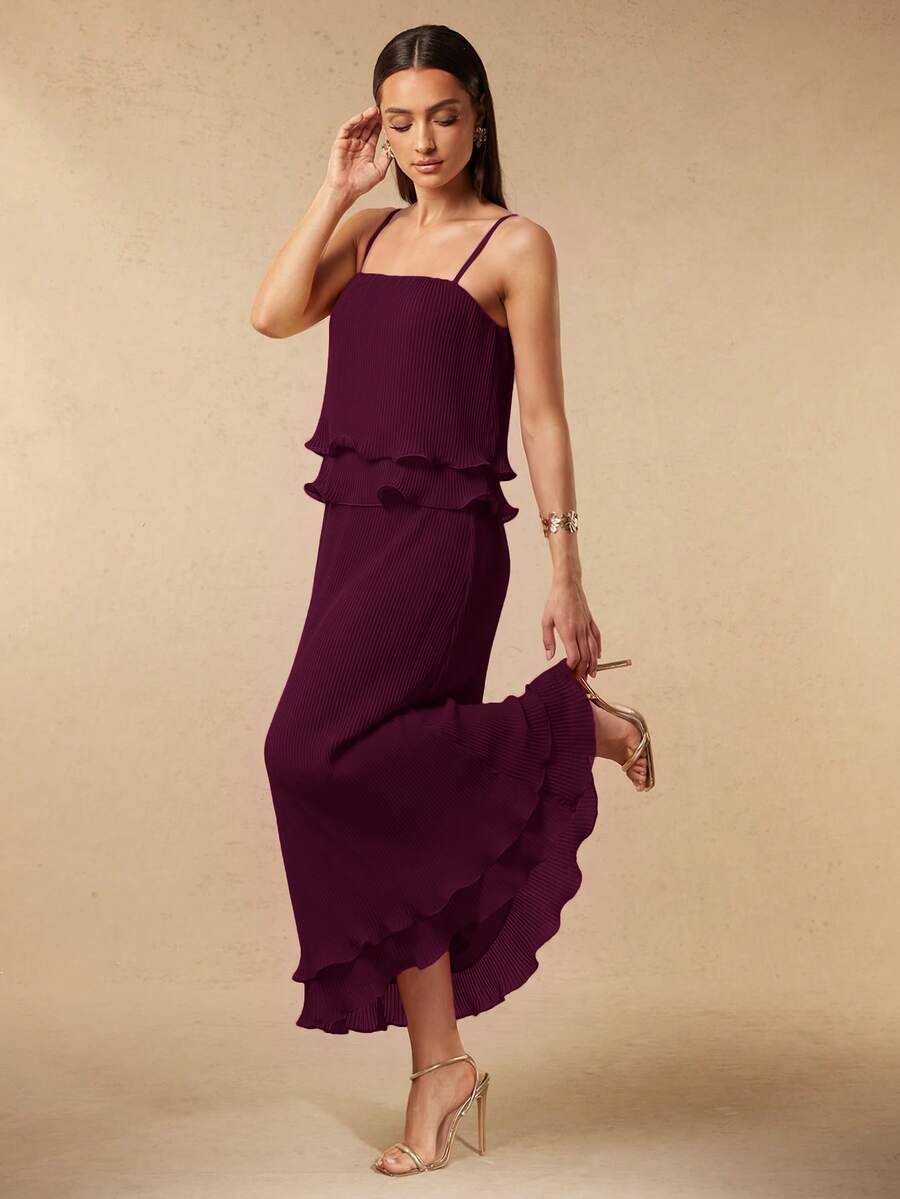 Silquee Women's Pleated Multi-Layer Hem Cami Dress - Maroon - View 1