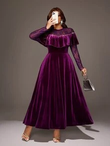 Viva Relle European And American Plus Size Velvet Dress With Ruffle Hem, Cold Shoulder Lace Long Sleeve, Cinched Waist A-Line Dress, Party Formal Evening Gown - Purple - View 5