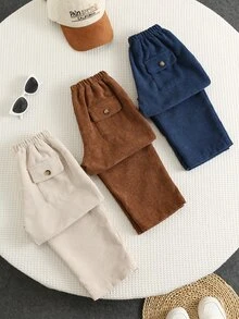 SHEIN Kids Young Boy Autumn/Winter New Arrival, Casual Comfortable, Woven Corduroy Solid Color Loose Pants 3pcs Set, Suitable For Autumn/Winter Season - Multicolor - View 2