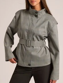 SHEIN BAE جاكيت نسائي كاجوال بنقشة مربعات مع حزام، خريف - رمادي - مشاهدة 5