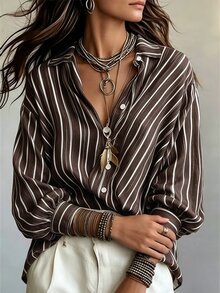 SHEIN 女款復古咖啡棕條紋翻領寬鬆長袖襯衫，垂墜休閒度假通勤百搭上衣 - 棕色 - 查看 4