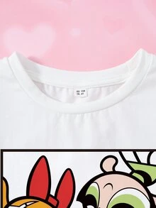 THE POWERPUFF GIRLS X SHEIN Young Girl Letter Cartoon Print Casual Daily Short Sleeve T-Shirt - White - View 3