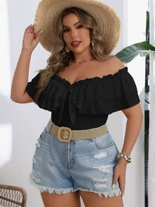 SHEIN VCAY Camiseta de mujer talla grande color liso con volantes y nudo delantero - Negro - Ver 4